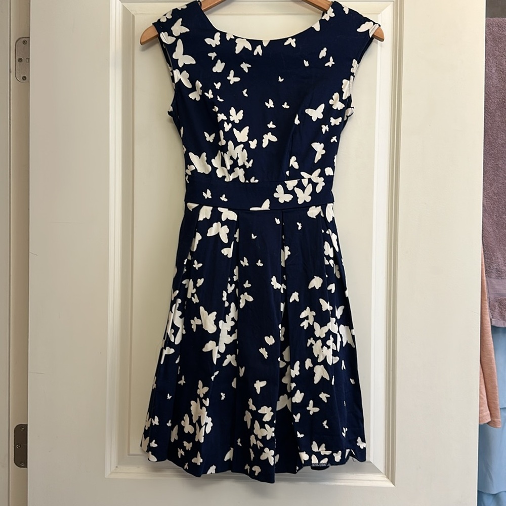 Closet London Navy and White Butterfly Pleated Dress